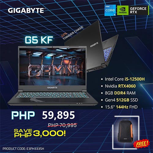 Gigabyte G5 KF-E3PH333SH 15.6inch FHD 144Hz | i5-12500H | 8GB RAM | 512GB SSD | RTX 4060 8GB | Win 11 | Gigabyte Backpack Supply